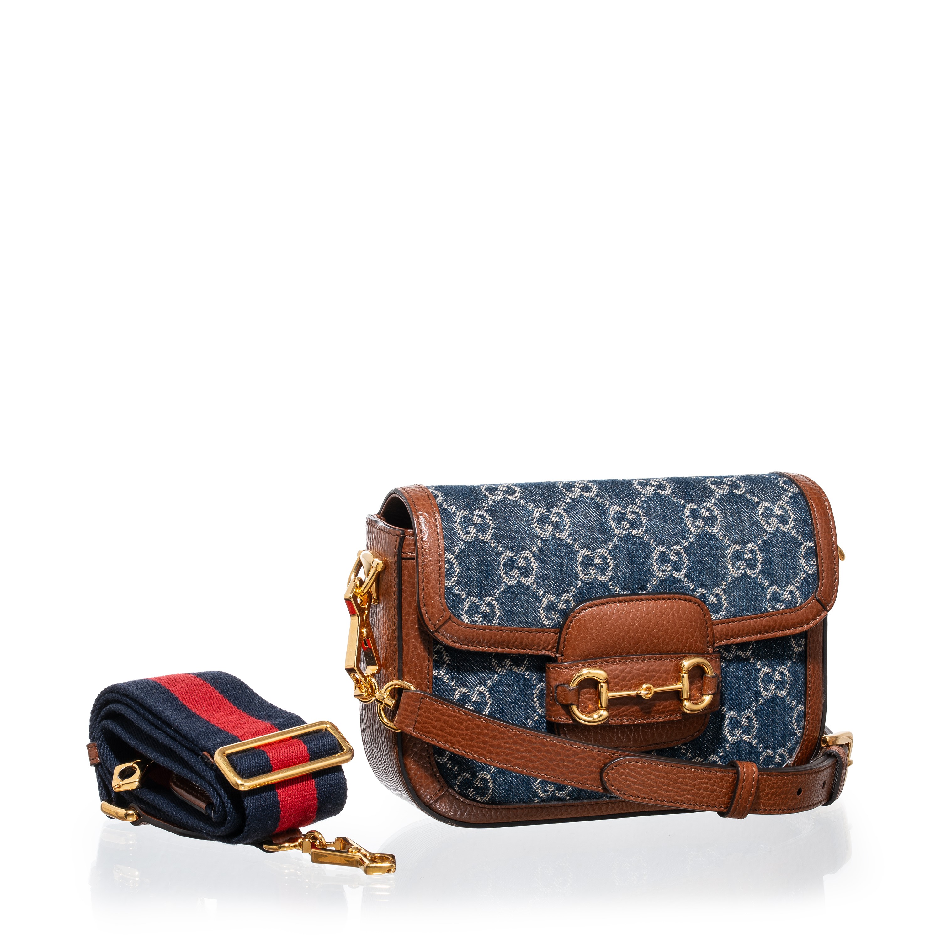 GUCCI BORSA A SPALLA HORSEBIT 1955 PICCOLA IN DENIM E PELLE MARRONE, DOPPIA TRACOLLA, GHW