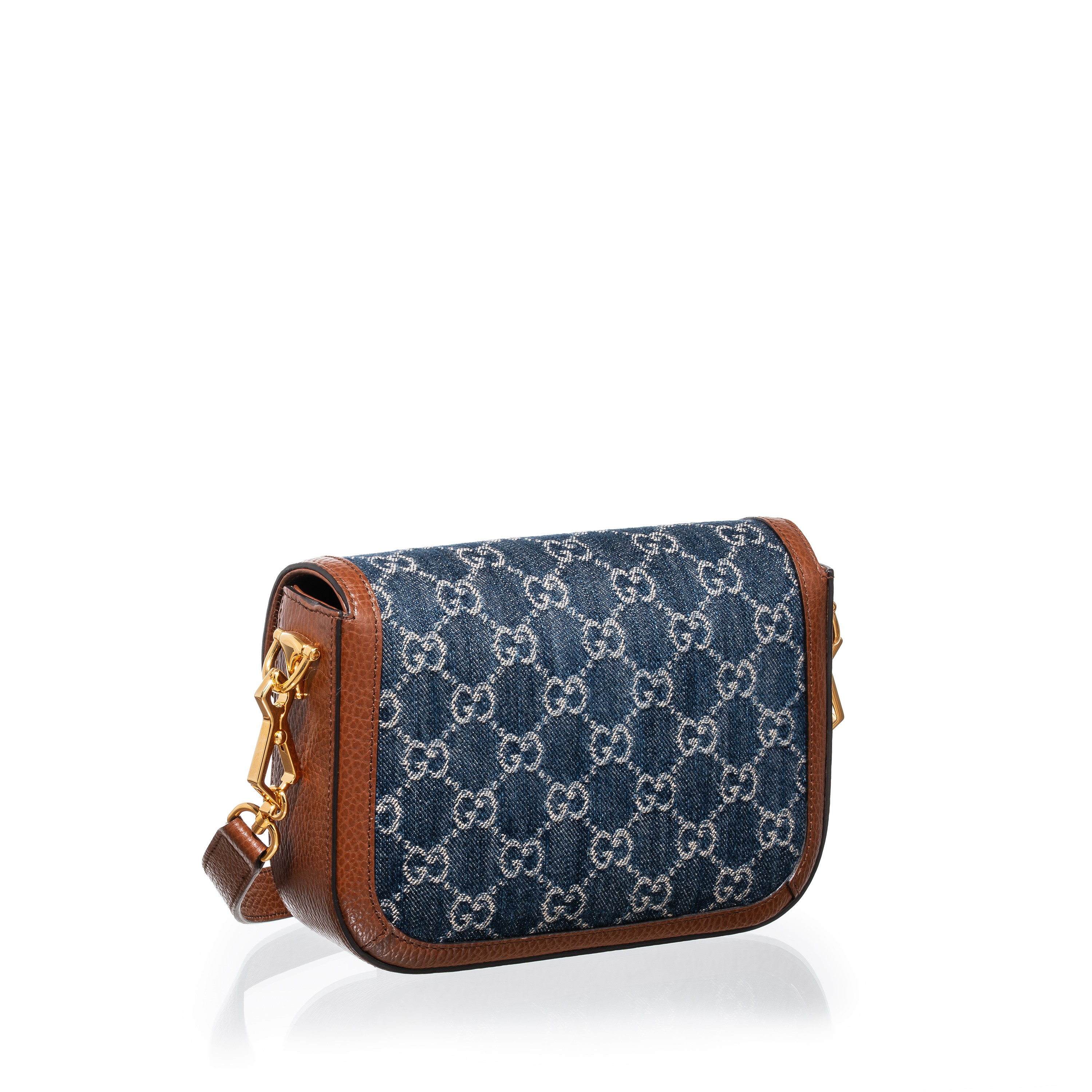 GUCCI BORSA A SPALLA HORSEBIT 1955 PICCOLA IN DENIM E PELLE MARRONE, DOPPIA TRACOLLA, GHW