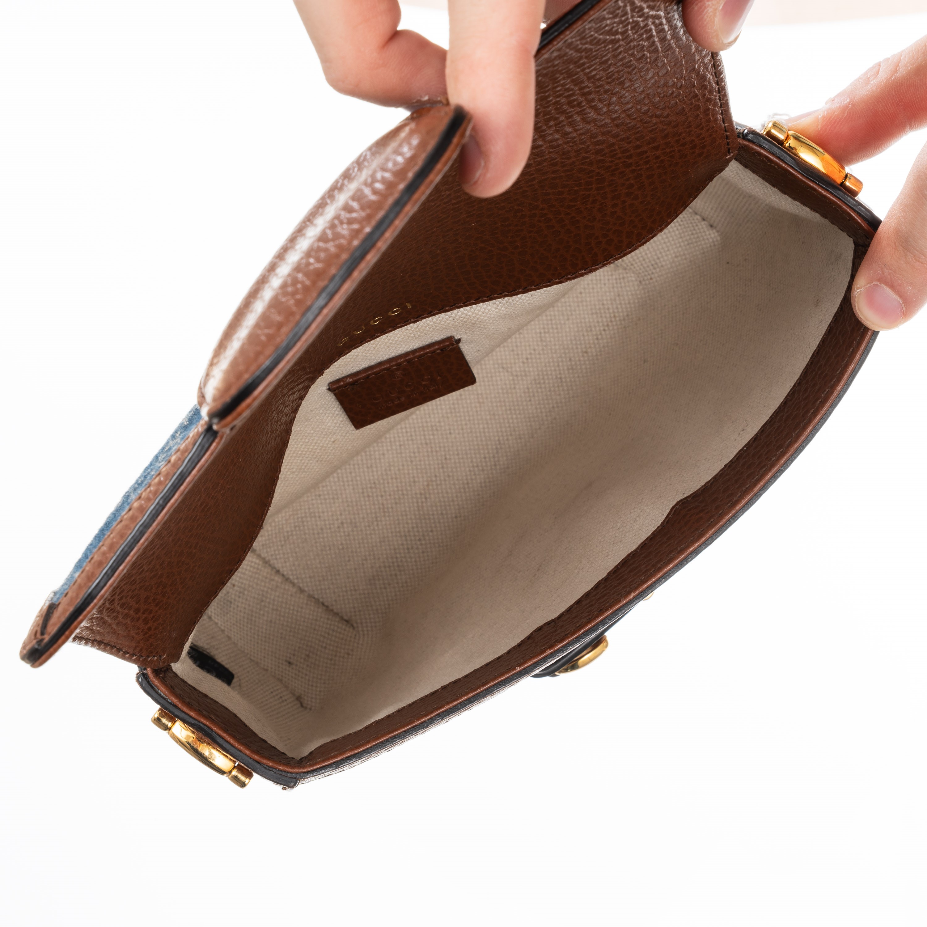 GUCCI BORSA A SPALLA HORSEBIT 1955 PICCOLA IN DENIM E PELLE MARRONE, DOPPIA TRACOLLA, GHW