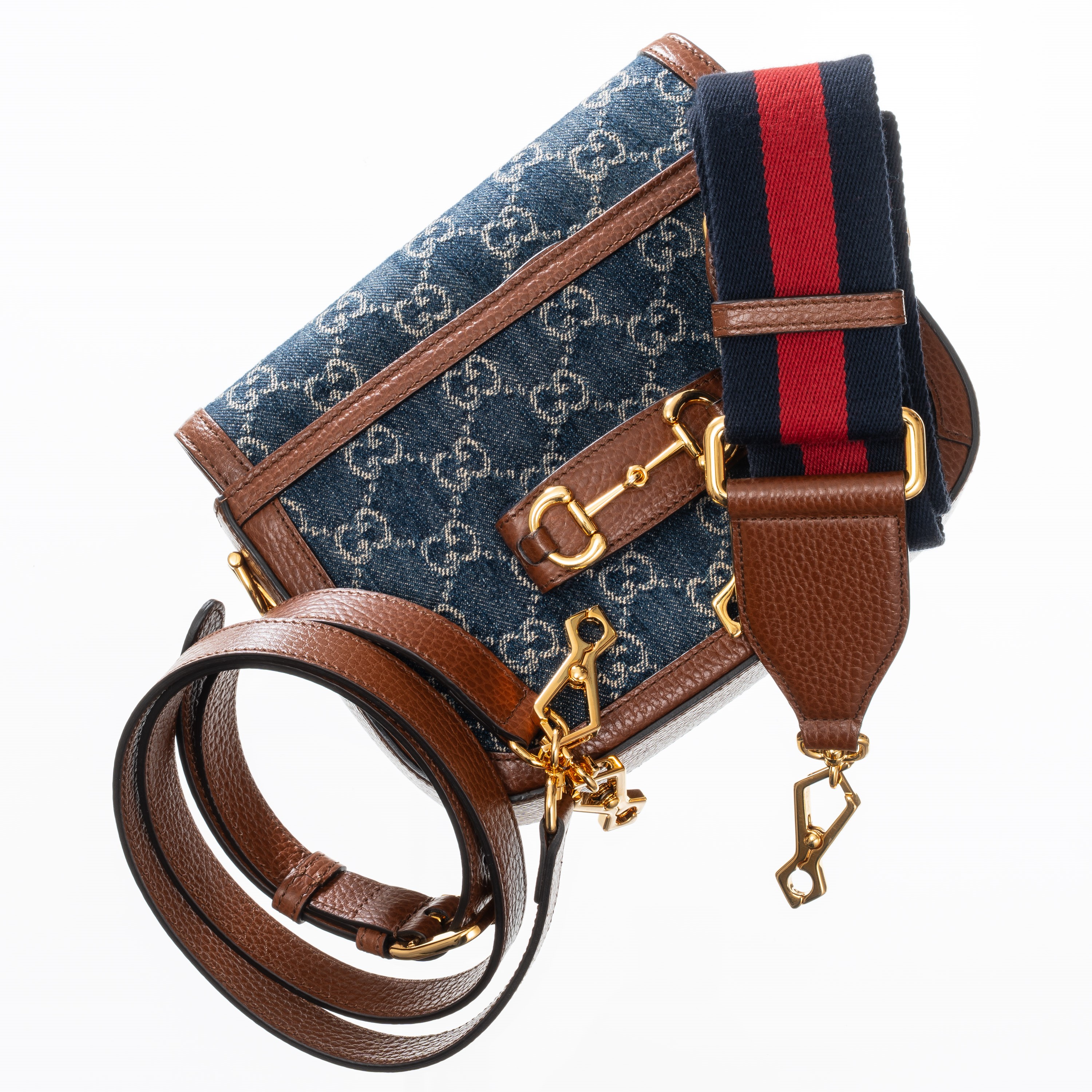 GUCCI BORSA A SPALLA HORSEBIT 1955 PICCOLA IN DENIM E PELLE MARRONE, DOPPIA TRACOLLA, GHW