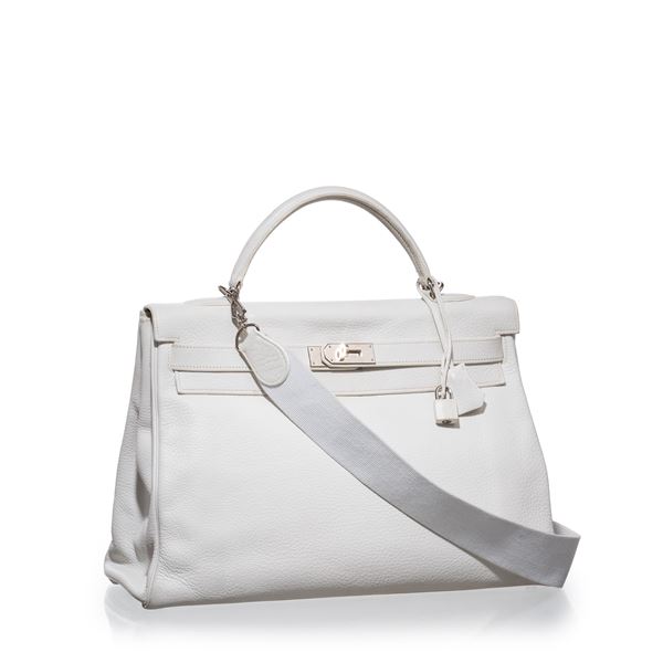 HERM&#200;S - HERMÈS KELLY 40 RETOURNÉ CLEMENCE COLORE BIANCO PHW - 2007