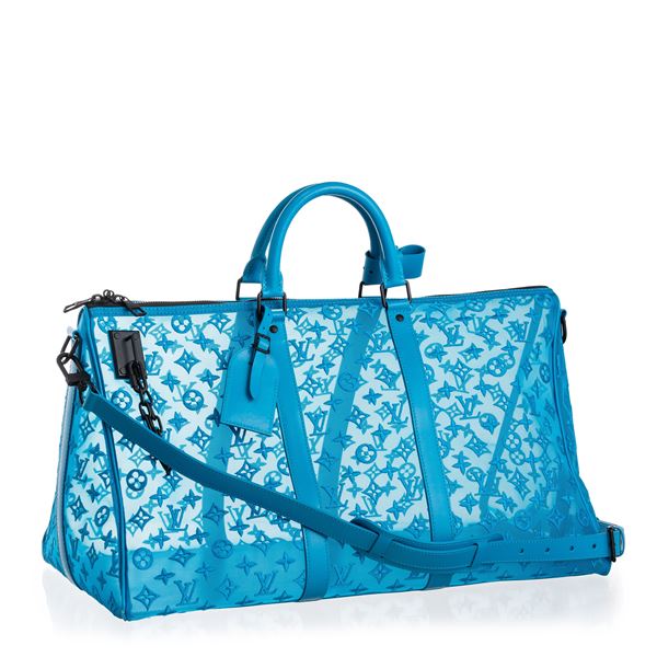 LOUIS VUITTON - LOUIS VUITTON KEEPALL TRIANGLE BANDOULIERE 50 TURQUOISE MONOGRAMME SEE THROUGH