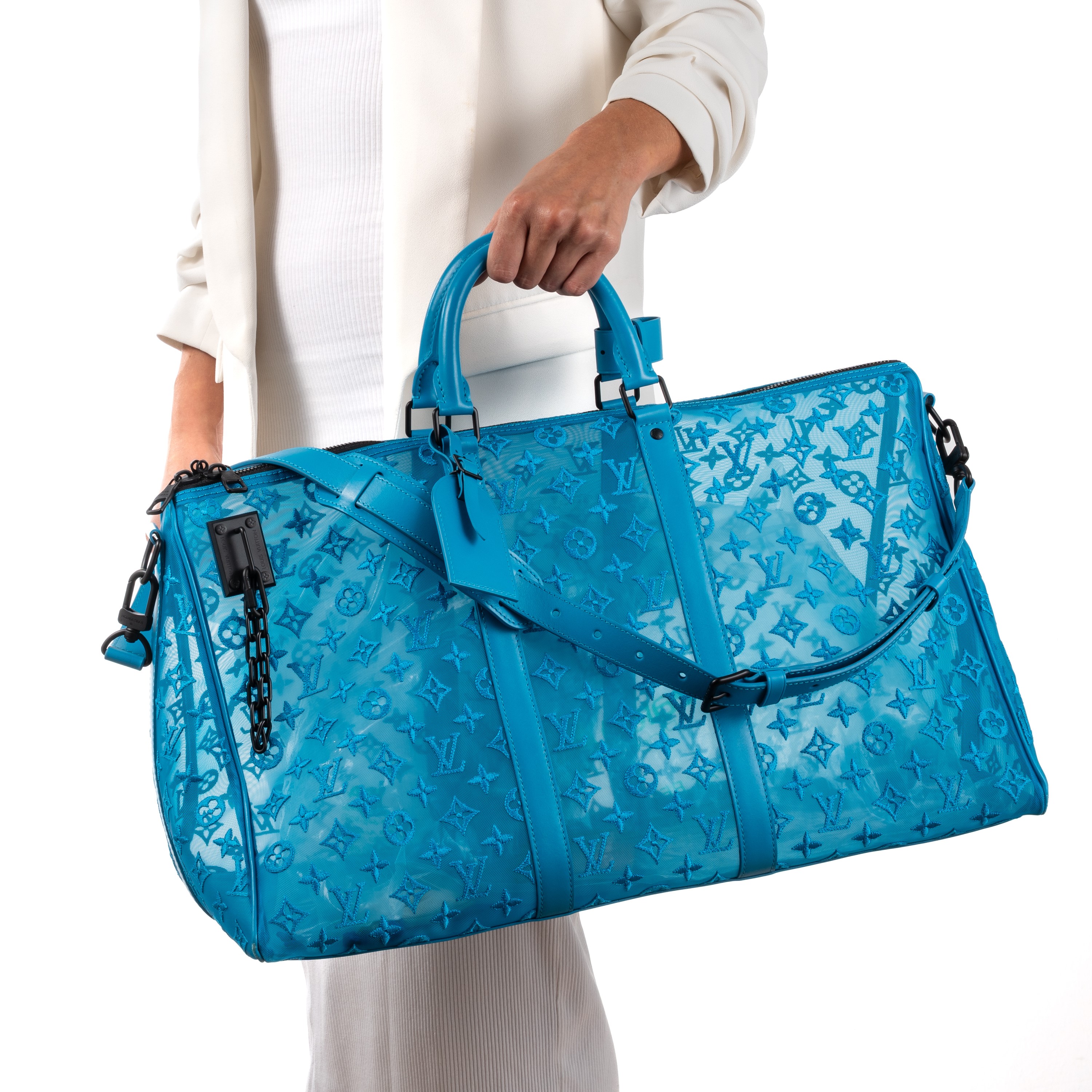 LOUIS VUITTON KEEPALL TRIANGLE BANDOULIERE 50 TURQUOISE MONOGRAMME SEE THROUGH