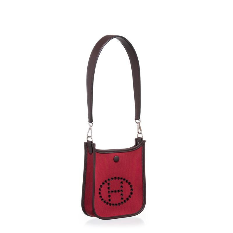 HERMÈS MINI NEO EVELYNE OFFICIER CANVAS E PELLAME SWIFT, COLOR RUBIS E ROUGE SELLIER, INTERNO BLU...