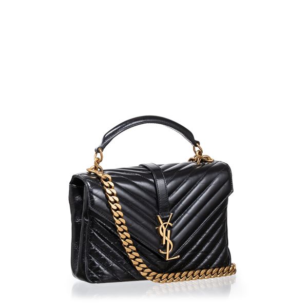 SAINT LAURENT - SAINT LAURENT COLLEGE PELLE CRAQUELÉ NERA E HARDWARE DORATO
