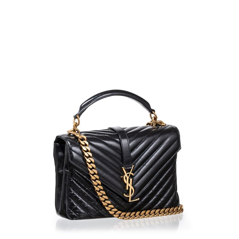 SAINT LAURENT COLLEGE PELLE CRAQUELÉ NERA E HARDWARE DORATO