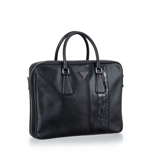 PRADA - PRADA BORSA DA LAVORO IN PELLE SAFFIANO NERA E DETTAGLI IN COCCODRILLO, METALLERIA PALLADIO