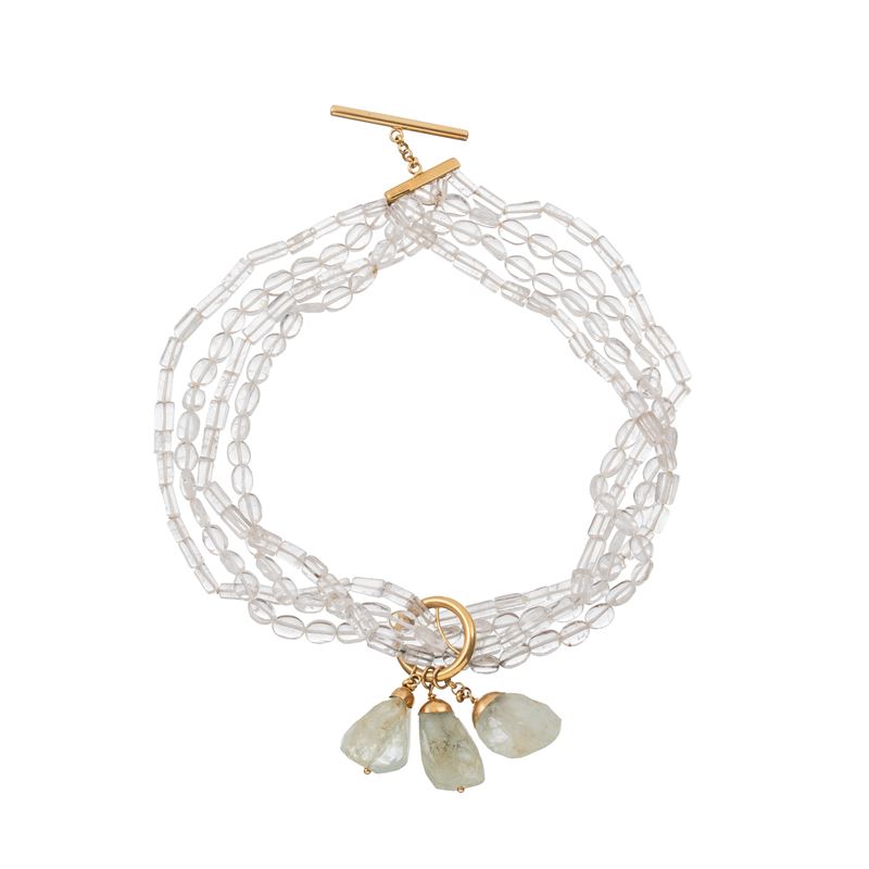 BRACCIALE IN CRISTALLO DI ROCCA E ACQUAMARINA CON CHIUSURA IN ORO GIALLO