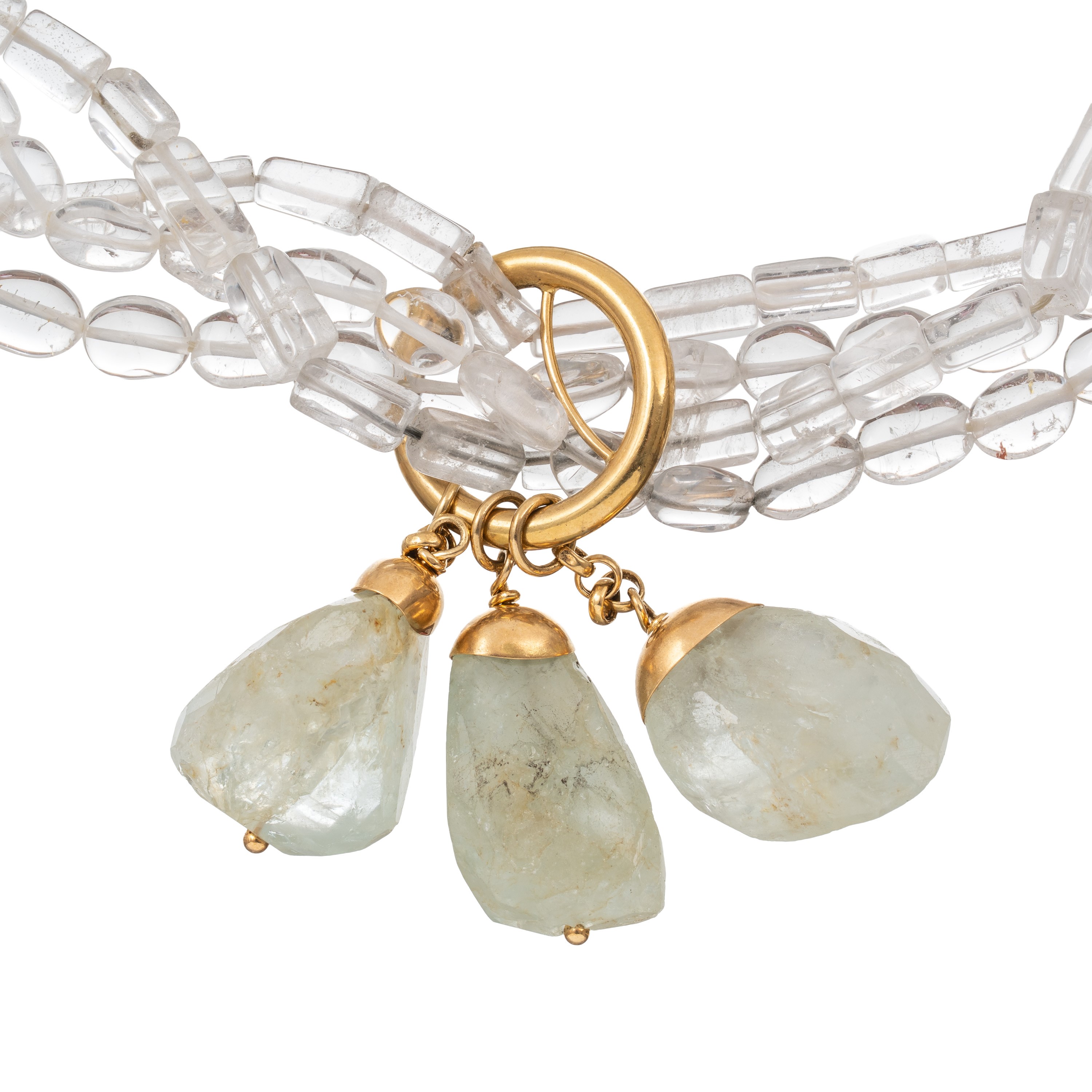 BRACCIALE IN CRISTALLO DI ROCCA E ACQUAMARINA CON CHIUSURA IN ORO GIALLO