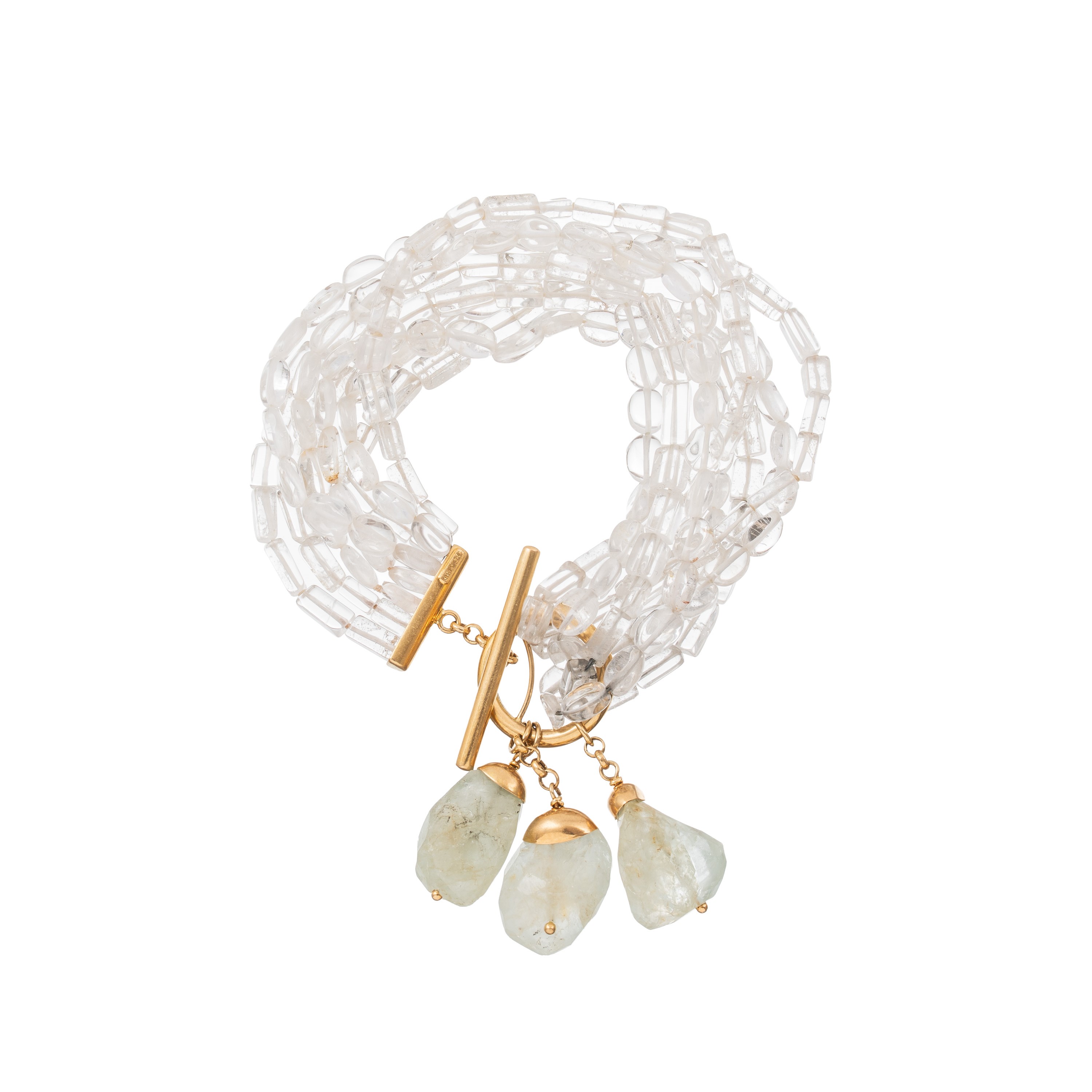 BRACCIALE IN CRISTALLO DI ROCCA E ACQUAMARINA CON CHIUSURA IN ORO GIALLO