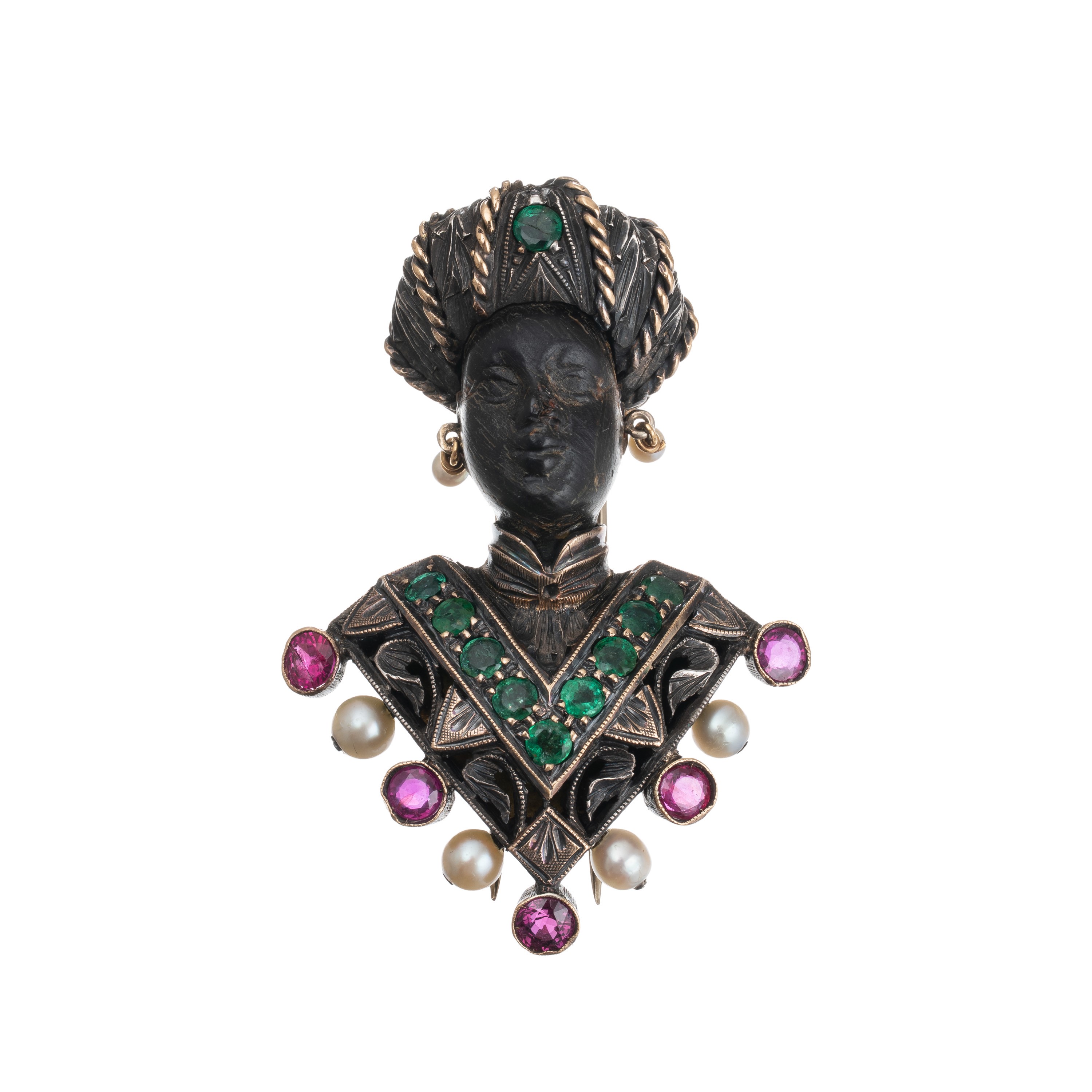 SPILLA MORETTO VENEZIANO IN ORO ROSA, AMBRA, SMERALDI, RUBINI E PERLE
