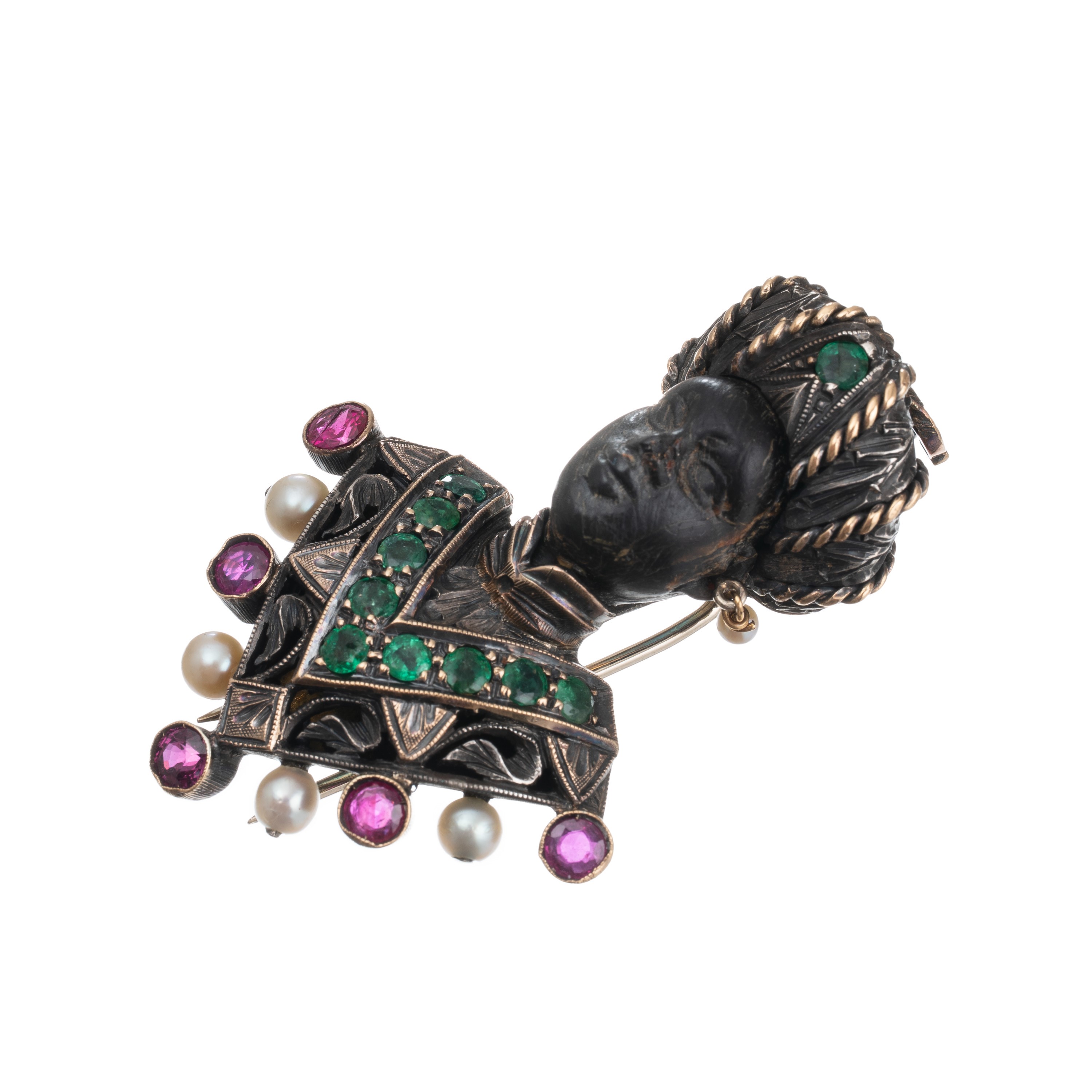 SPILLA MORETTO VENEZIANO IN ORO ROSA, AMBRA, SMERALDI, RUBINI E PERLE