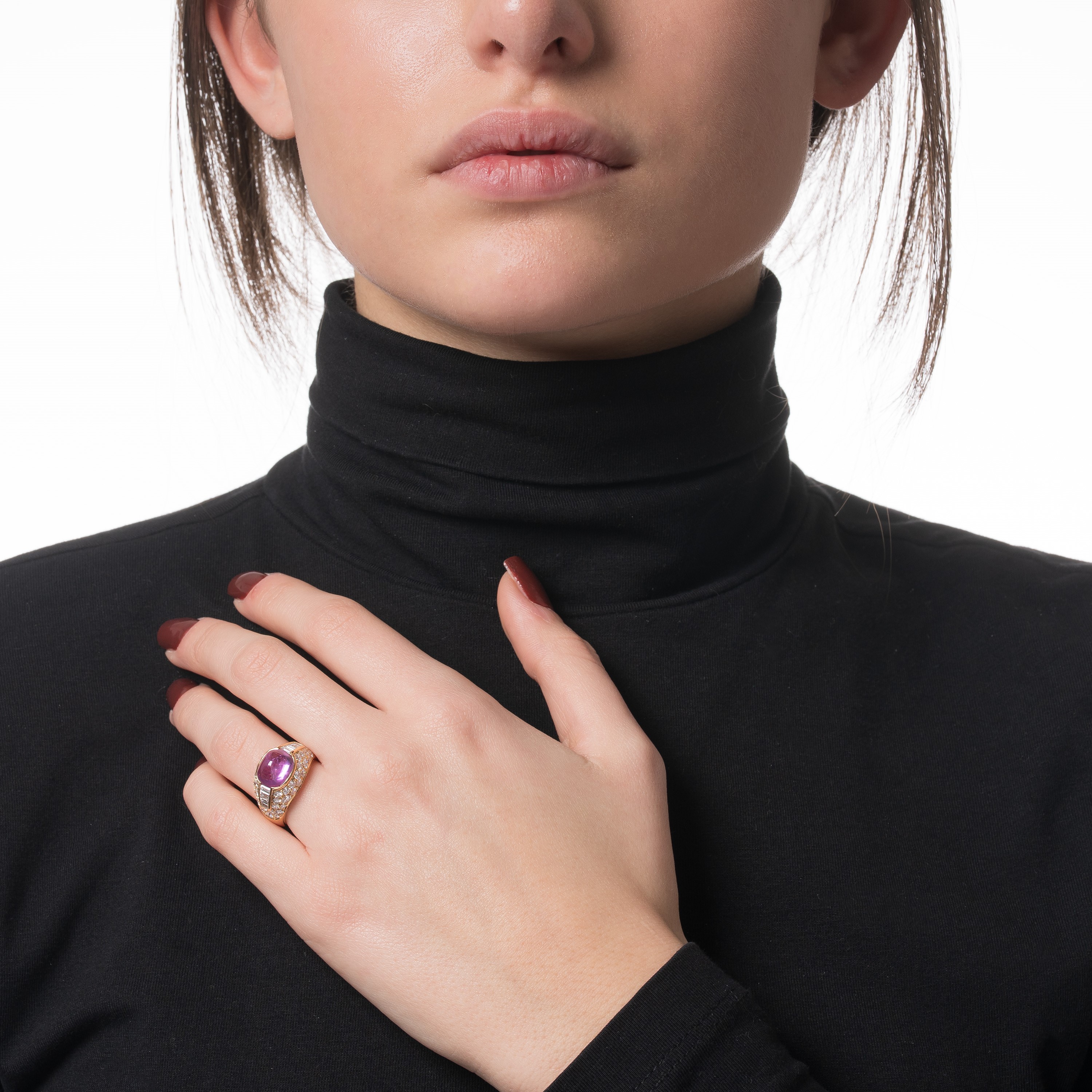 BULGARI - ANELLO "TROMBINO" IN ORO GIALLO CON ZAFFIRO ROSA E DIAMANTI