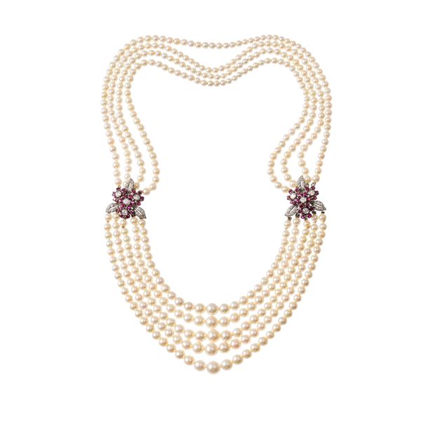 PAROURE IN PERLE ORO BIANCO 18 KT, CON BRILLANTI E RUBINI