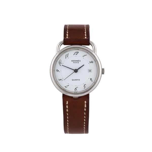 HERMÈS - HERMES OROLOGIO SOLO TEMPO AL QUARZO IN ACCIAIO CON QUADRANTE BIANCO E DATARIO AD ORE TRE