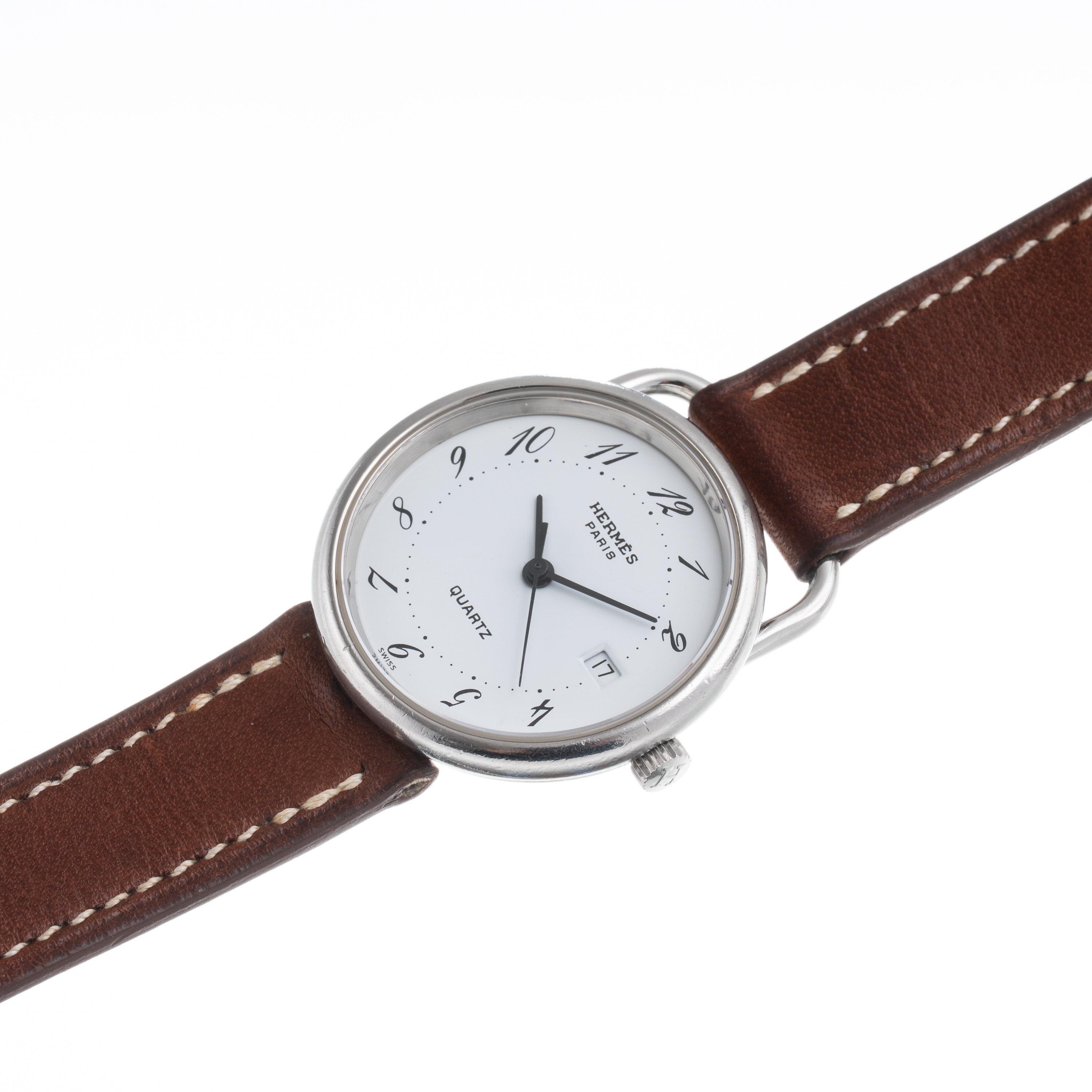 HERMES OROLOGIO SOLO TEMPO AL QUARZO IN ACCIAIO CON QUADRANTE BIANCO E DATARIO AD ORE TRE