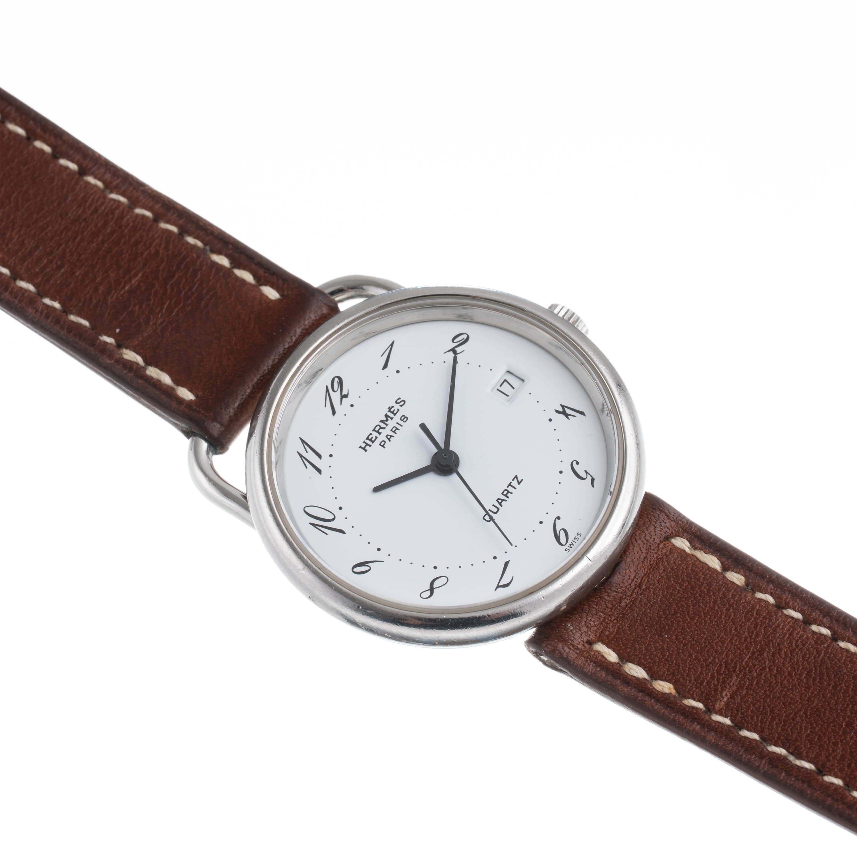 HERMES OROLOGIO SOLO TEMPO AL QUARZO IN ACCIAIO CON QUADRANTE BIANCO E DATARIO AD ORE TRE