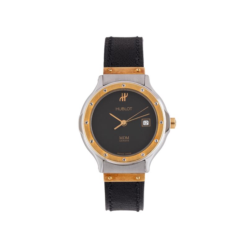 HUBLOT - MDM OROLOGIO SOLO TEMPO AL QUARZO INACCIAIO E ORO GIALLO 18 KT CON QUADRANTE NERO, SECON...