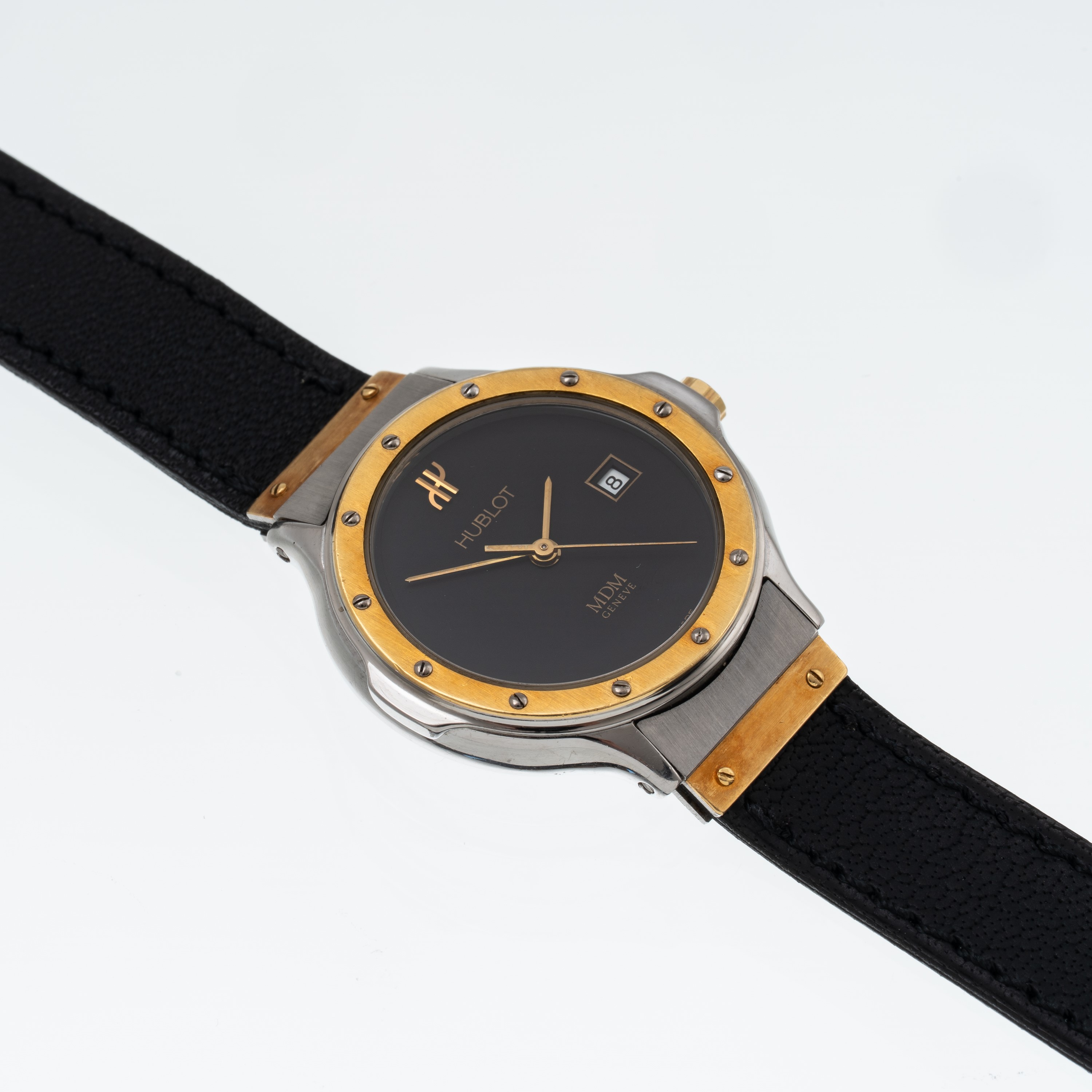 HUBLOT - MDM OROLOGIO SOLO TEMPO AL QUARZO INACCIAIO E ORO GIALLO 18 KT CON QUADRANTE NERO, SECON...