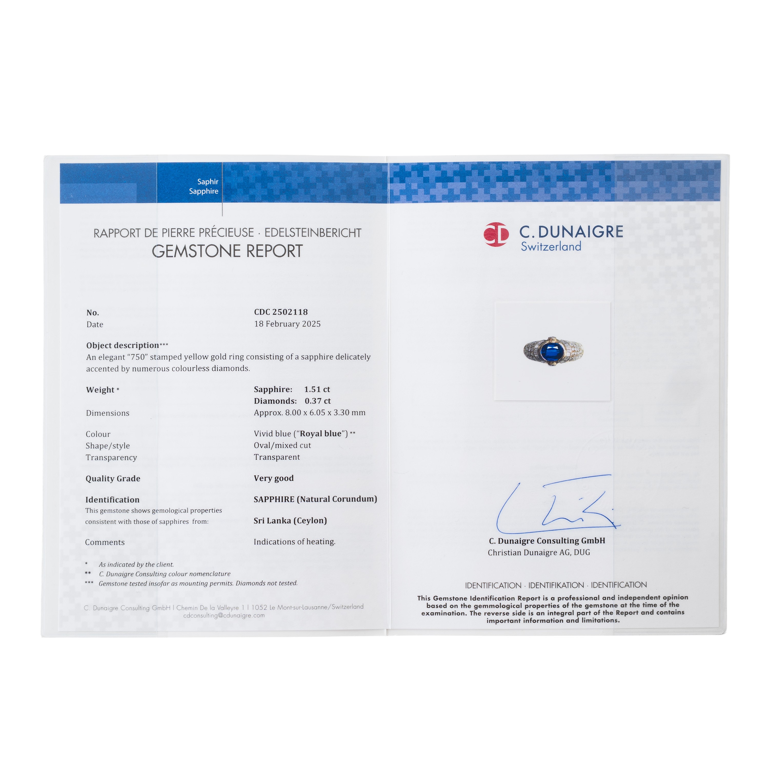 ANELLO IN ORO GIALLO 18 KT CON ZAFFIRO CEYLON E DIAMANTI