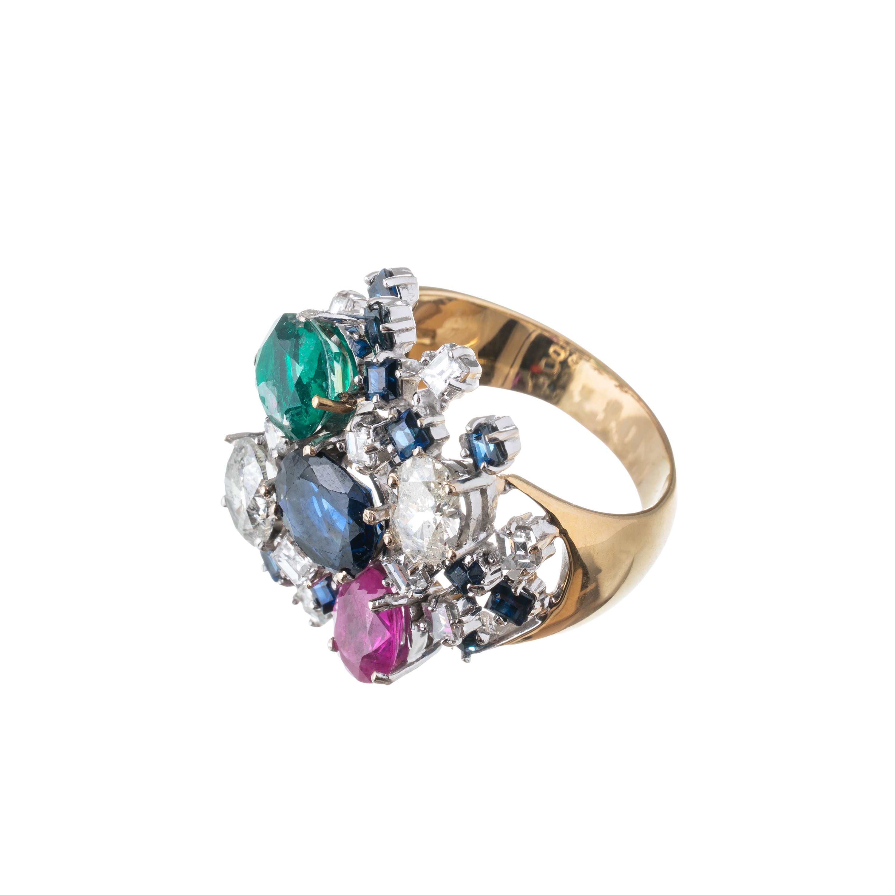 ANELLO A FANTASIA IN ORO GIALLO E BIANCO 18 KT CON ZAFFIRI, ZAFFIRO ROSA, SMERALDO E DIAMANTI
