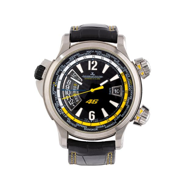 JAEGER LE COULTRE - JAEGER LECOULTRE - EXTREME W-ALARM MASTER COMPRESSOR VR46 OROLOGIO IN ACCIAIO A CARICA AUTOMATICA GMT SVEGLIARINO CON QUADRANTE NERO E DATARIO AD ORE TRE