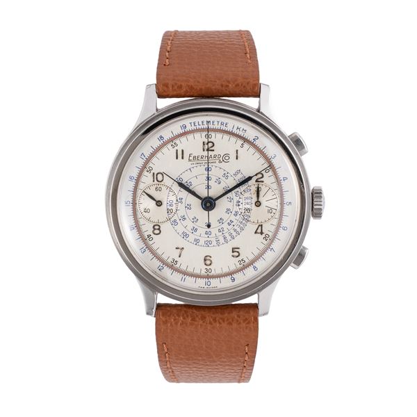 EBERHARD - EBERHARD - CHRONOGRAPH CRONOGRAFO A CARICA MANUALE IN ACCIAIO CON CASSA A SCALINO, QUADRANTE GRIGIO BITONALE, INDICI ARABI NERI E SCALA TELEMETRICA BLU