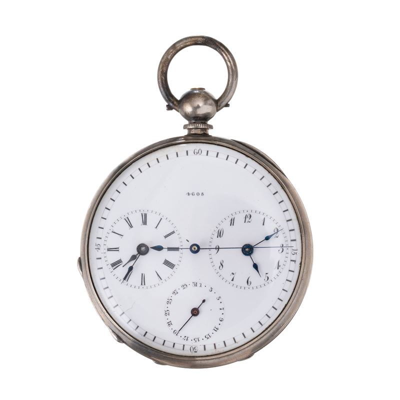 DUPLEX OROLOGIO DA TASCA IN ARGENTO DUAL TIME CON DATARIO E SECONDI MORTI