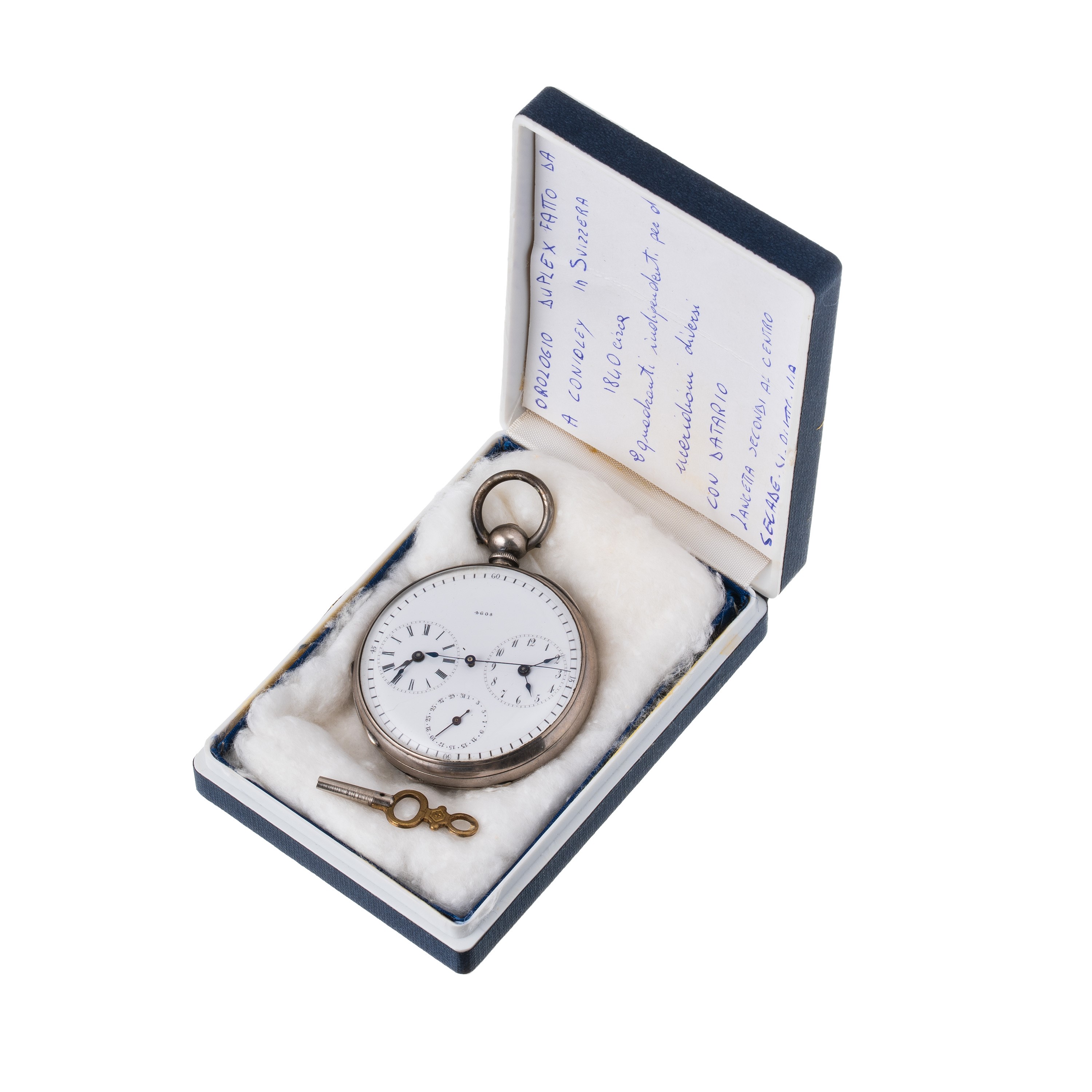 DUPLEX OROLOGIO DA TASCA IN ARGENTO DUAL TIME CON DATARIO E SECONDI MORTI