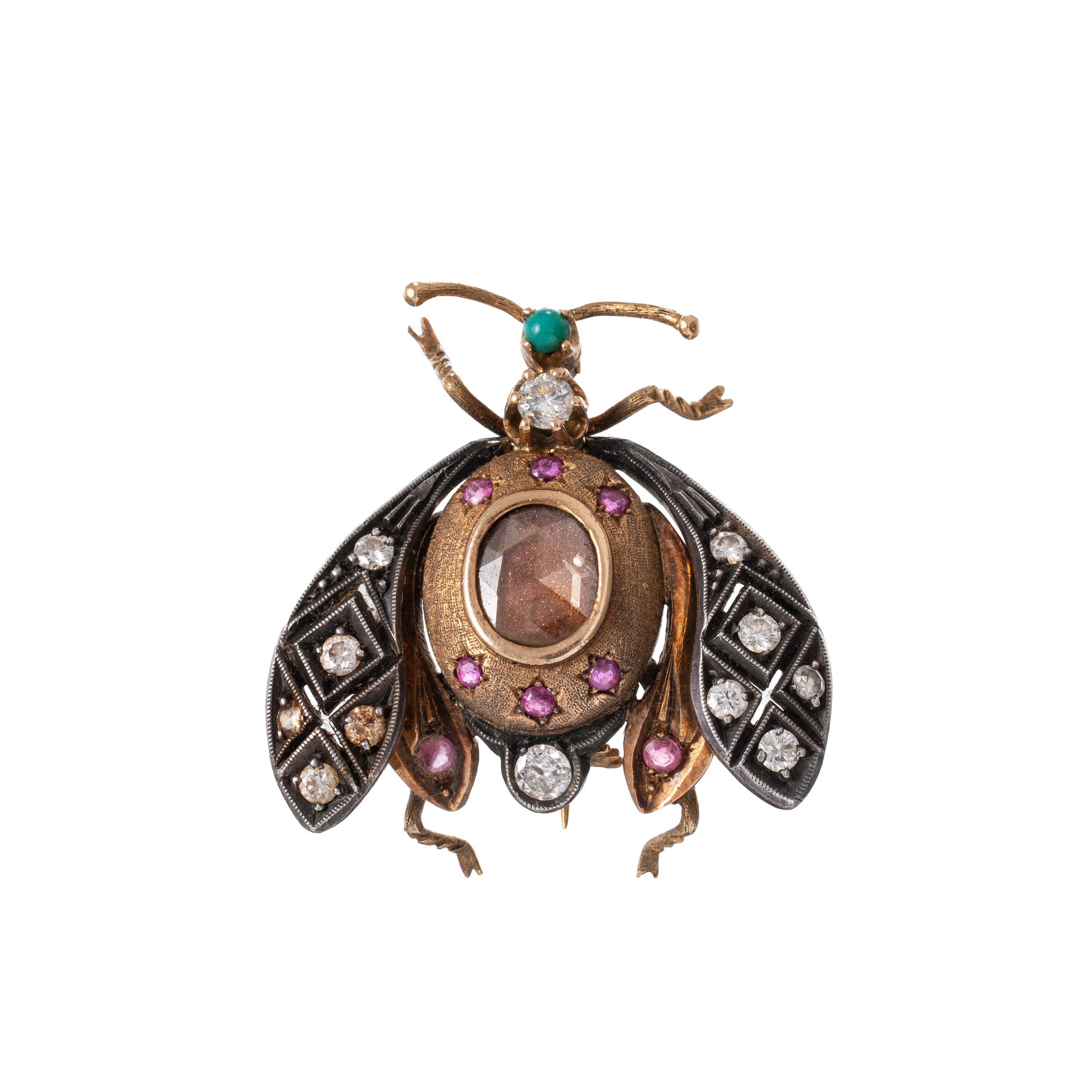 SPILLA IN ORO 9 KT A FORMA DI APE CON DIAMANTE E PIETRE VARIE