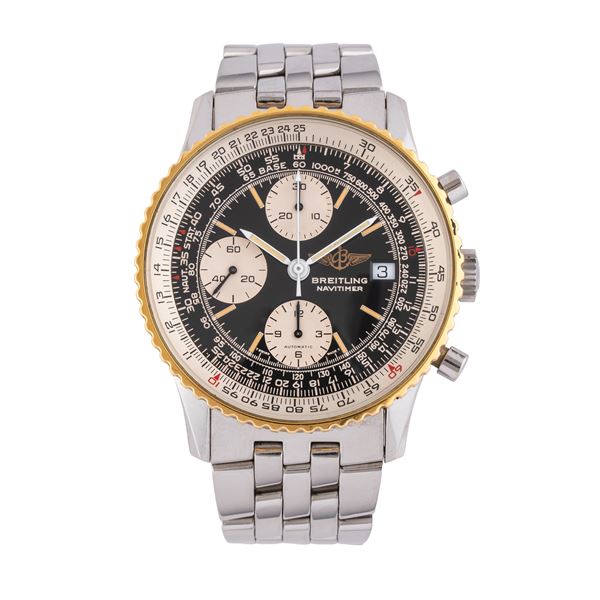 BREITLING - BREITLING - NAVITIMER CRONOGRAFO A CARICA AUTOMATICA IN ACCIAIO CON GHIERA BIDIREZIONALE IN ORO GIALLO 18 KT, BRACCIALE IN ACCIAIO E QUADRANTE NERO CON DATA AD ORE TRE