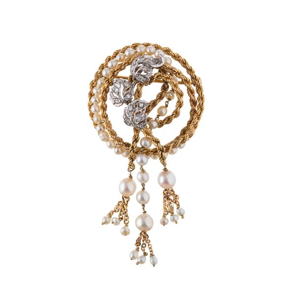 SPILLA IN ORO GIALLO 18 KT CON BRILLANTI E PERLE