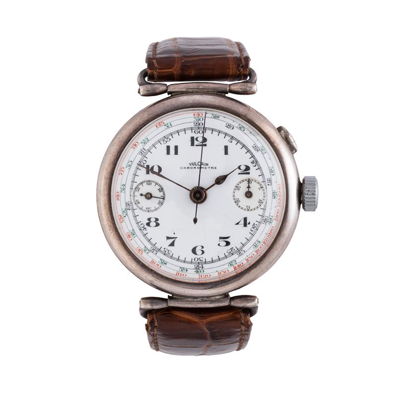 VULCAIN CRONORGAFO MONOPULSANTE A CARICA MANUALE IN ARGENTO CON QUADRANTE IN PORCELLANA, INDICI A...