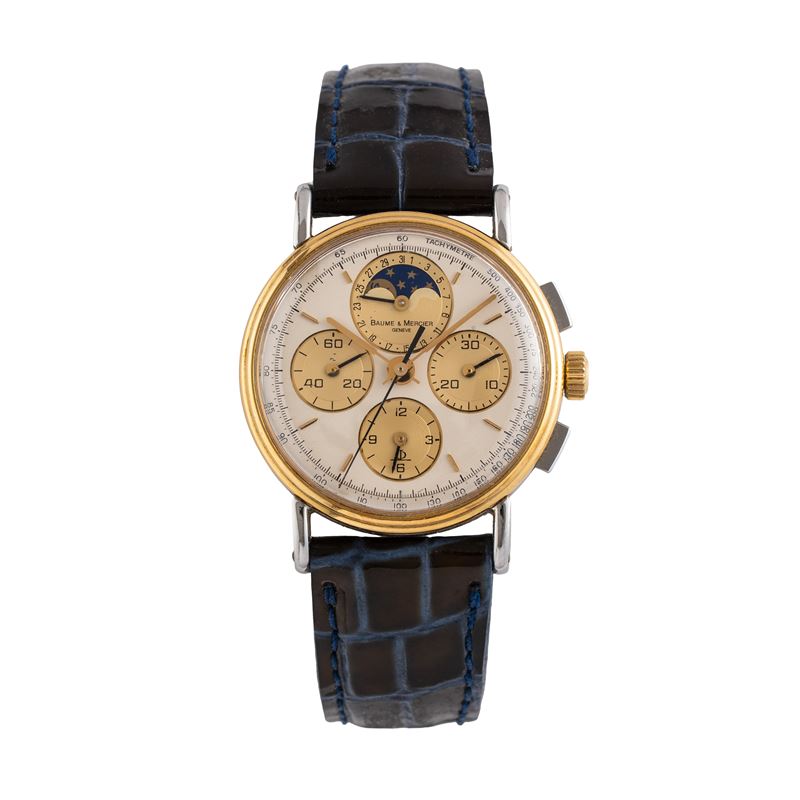 BAUME & MERCIER CRONOGRAFO A CARICA MANUALE IN ACCIAIO E ORO GIALLO 18 KT CON FASI LUNA E DATARIO...