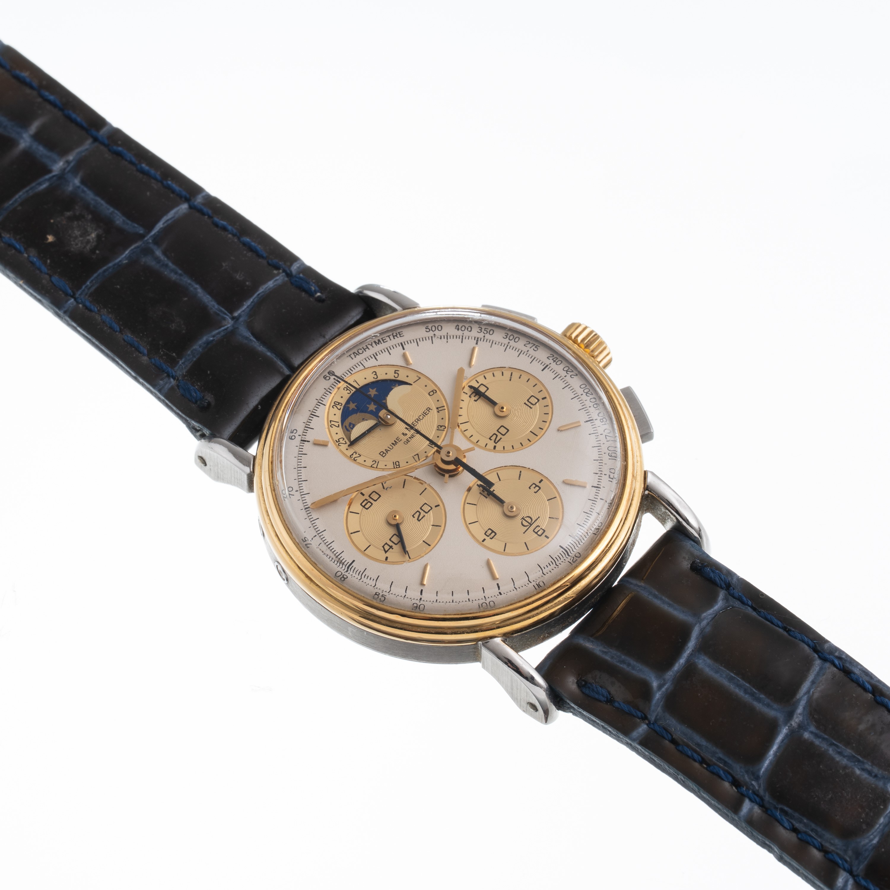 BAUME & MERCIER CRONOGRAFO A CARICA MANUALE IN ACCIAIO E ORO GIALLO 18 KT CON FASI LUNA E DATARIO...