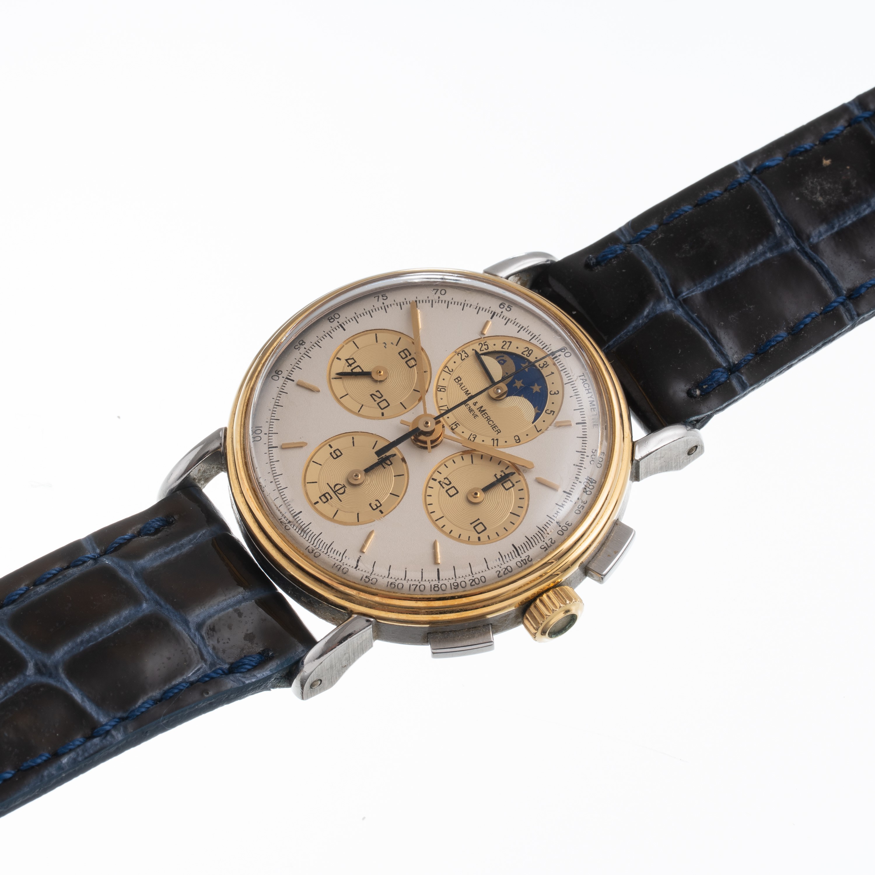 BAUME & MERCIER CRONOGRAFO A CARICA MANUALE IN ACCIAIO E ORO GIALLO 18 KT CON FASI LUNA E DATARIO...