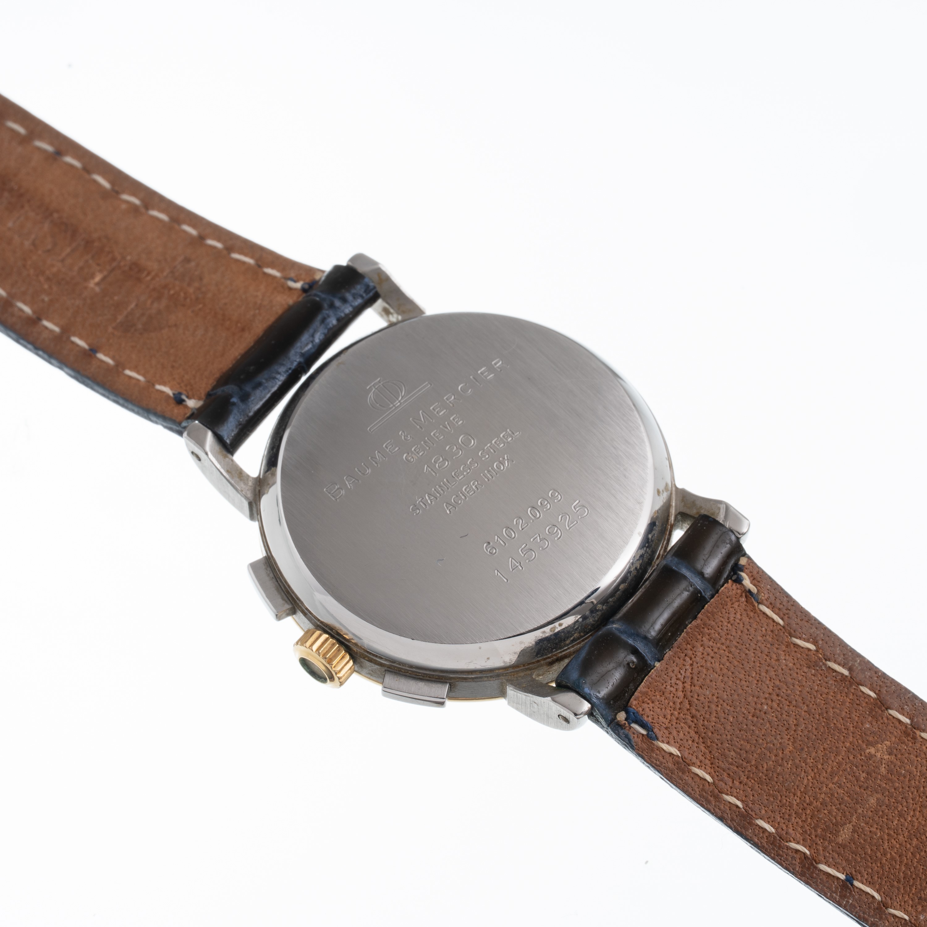 BAUME & MERCIER CRONOGRAFO A CARICA MANUALE IN ACCIAIO E ORO GIALLO 18 KT CON FASI LUNA E DATARIO...