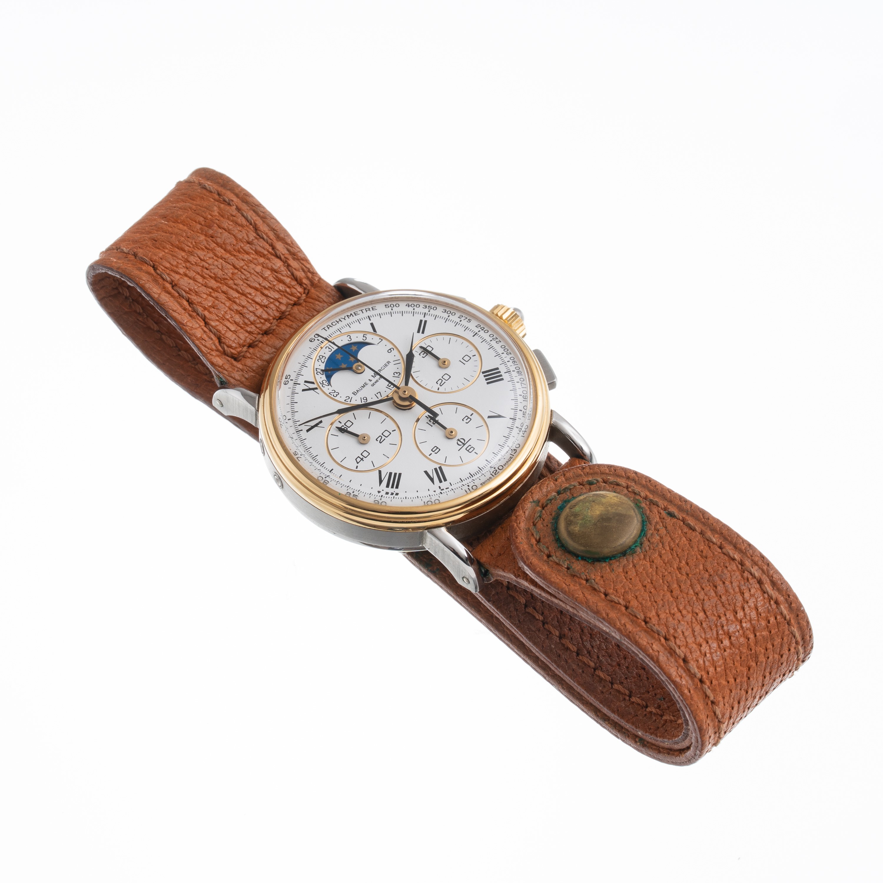 BAUME & MERCIER CRONOGRAFO A CARICA MANUALE IN ACCIAIO E ORO GIALLO 18 KT CON FASI LUNA E DATARIO...