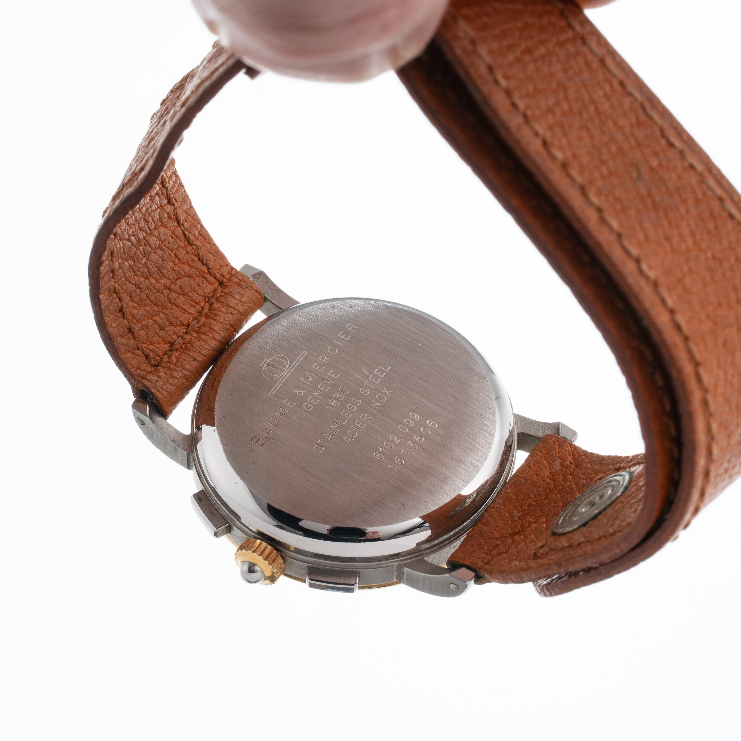 BAUME & MERCIER CRONOGRAFO A CARICA MANUALE IN ACCIAIO E ORO GIALLO 18 KT CON FASI LUNA E DATARIO...