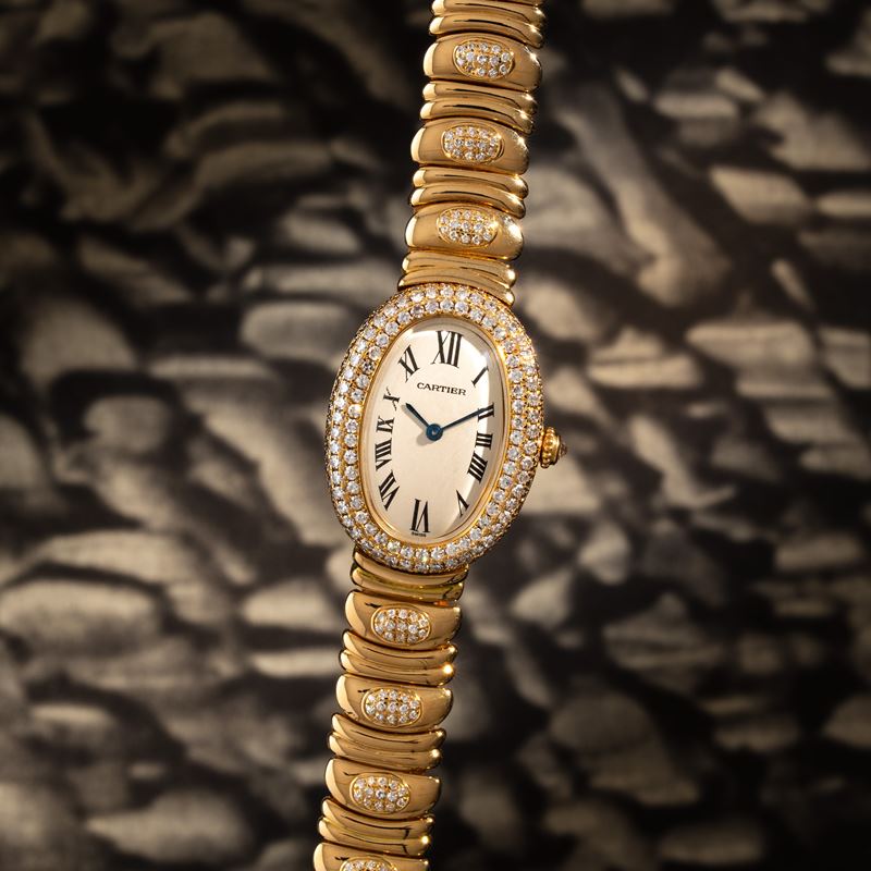 CARTIER - BAIGNOIRE OROLOGIO SOLO TEMPO AL QUARZO IN ORO GIALLO 18 KT E DIAMANTI CON BRACCIALE IN...
