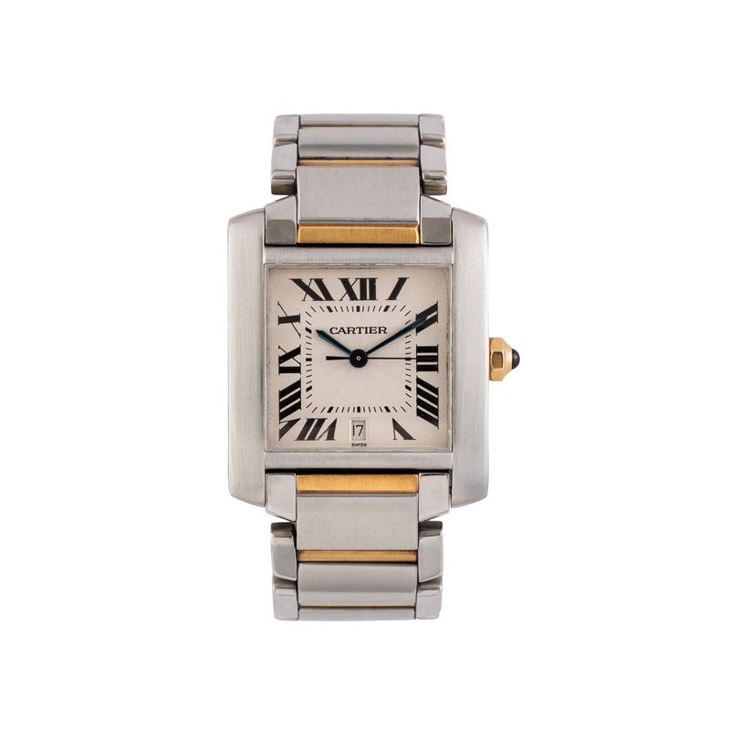 CARTIER - TANK FRANCAISE OROLOGIO SOLO TEMPO A CARICA AUTOMATICA ACCIAIO E ORO GIALLO 18 KT CON Q...
