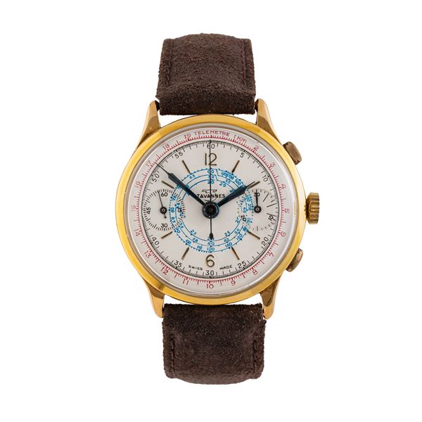 TAVANNES - TAVANNES - CHRONOGRAPH CRONOGRAFO A CARICA MANUALE IN ORO GIALLO 18 KT CON QUADRANTE BIANCO