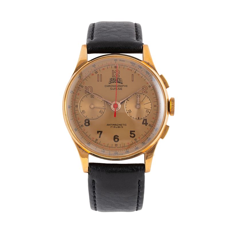 EGONA - CHRONOGRAPH CRONOGRAFO A CARICA MANUALE IN ORO GIALLO 18 KT CON QUADRANTE CREMA E INDICI ...