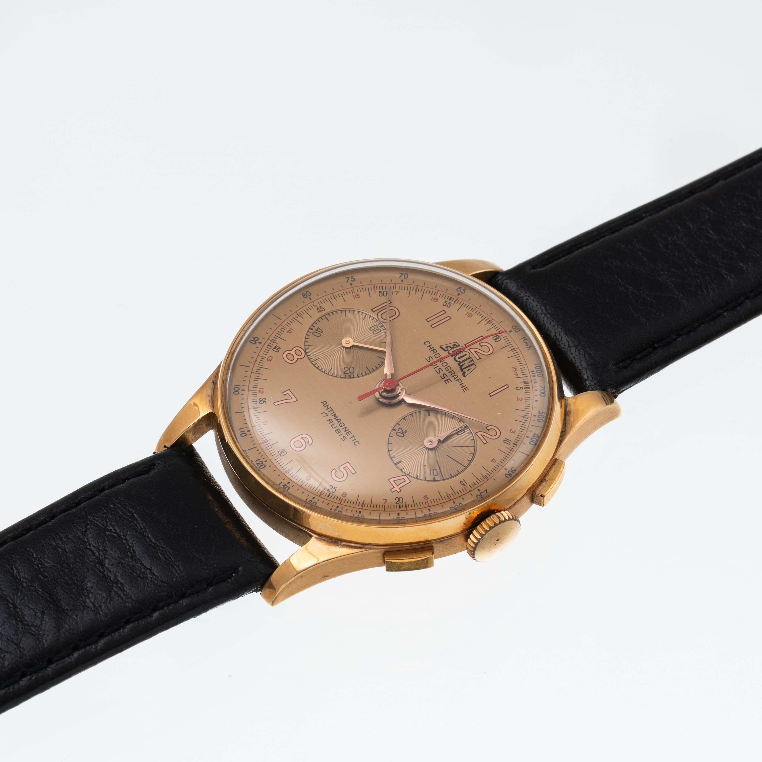 EGONA - CHRONOGRAPH CRONOGRAFO A CARICA MANUALE IN ORO GIALLO 18 KT CON QUADRANTE CREMA E INDICI ...