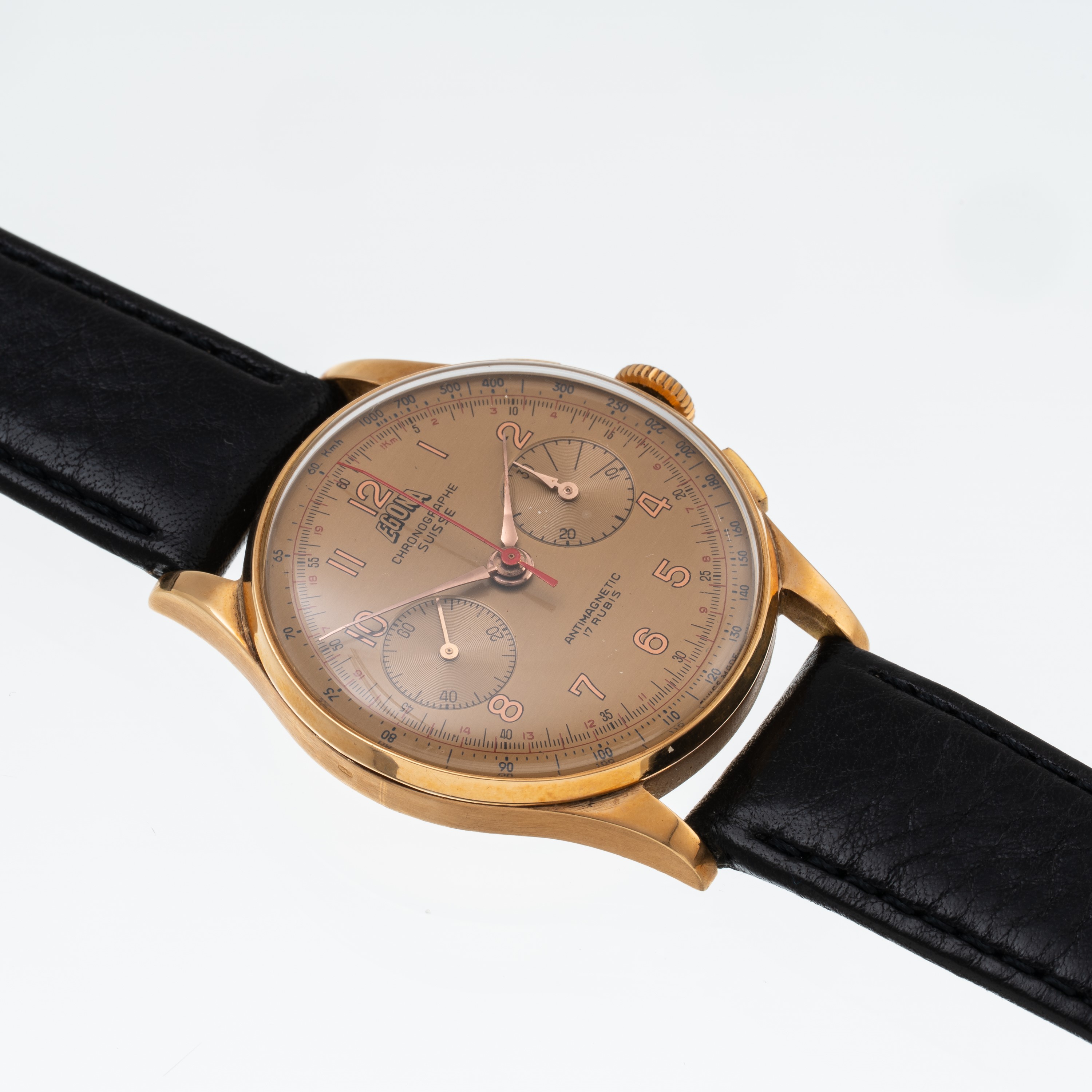 EGONA - CHRONOGRAPH CRONOGRAFO A CARICA MANUALE IN ORO GIALLO 18 KT CON QUADRANTE CREMA E INDICI ...