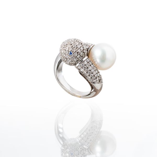 ANELLO IN ORO BIANCO 18 KT CON PERLA E BRILLANTI