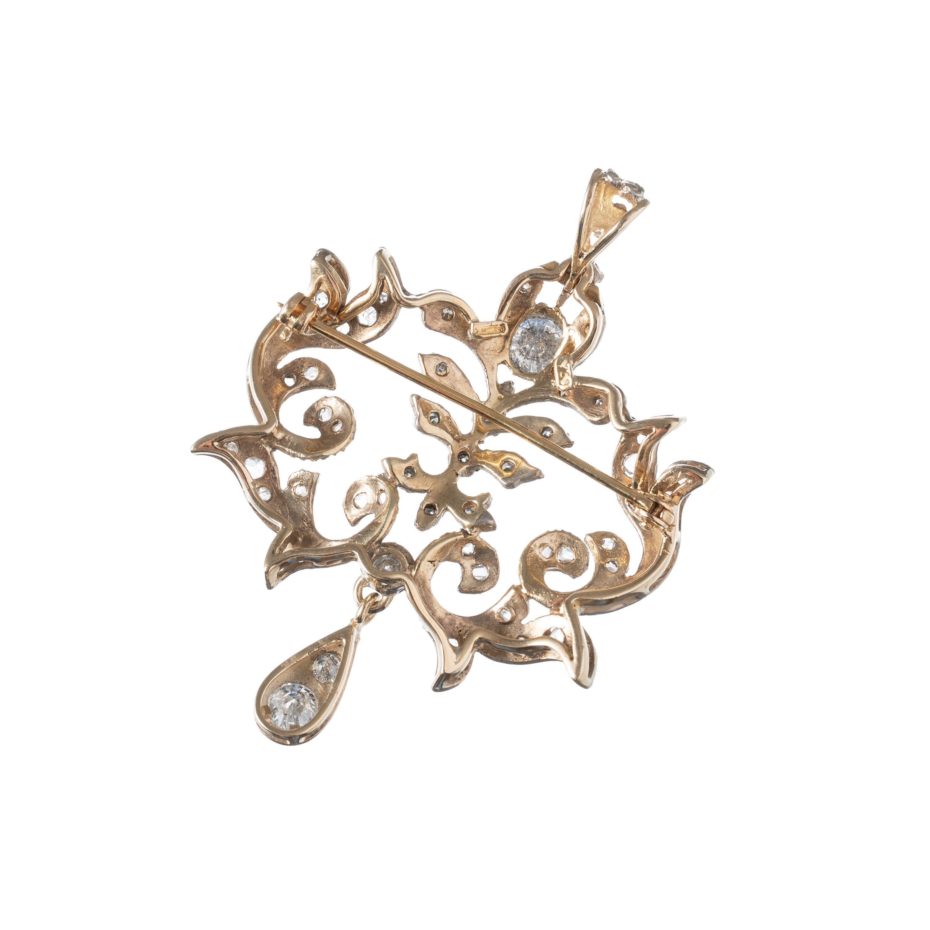 PAROURE, SPILLA E ANELLO IN ORO GIALLO 18 KT CON CONTORNO DI DIAMANTI