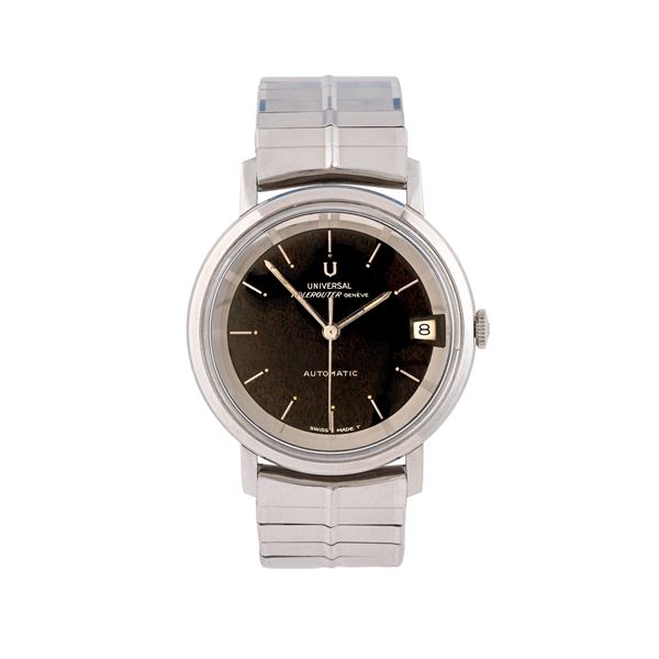 UNIVERSAL GENEVE - UNIVERSAL GENEVE - POLEROUTER  OROLOGIO SOLO TEMPO A CARICA AUTOMATICA IN ACCIAIO CON QUADRANTE TROPICALE, DATARIO AD ORE TRE E BRACCIALE IN ACCIAIO