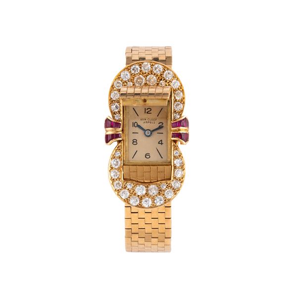 VAN CLEEF &amp; ARPELS - VAN CLEEF & ARPELS OROLOGIO SOLO TEMPO IN ORO GIALLO 18 KT A CARICA MANUALE CON BRACCIALE INTEGRATO IN ORO GIALLO 18 KT, CON GHIERA IN DIAMANTI E RUBINI
