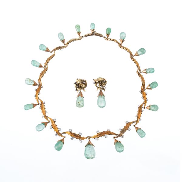 GIROCOLLO E ORECCHINI IN ORO 18 KT CON BERILLI A GOCCIA E DIAMANTI